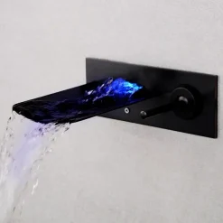 LED Bathroom Sink Mixer Faucet Waterfall Spout 3 Color Water Temperature, Basin Vessel Taps Brass Wall Mounted Single Handle Two Hole Bath Taps With Cold and Hot Hose