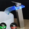 LED Bathroom Sink Mixer Faucet Waterfall Spout 3 Color Temperature, Tall Vessel Taps Single Handle One-hole Monobloc Basin Taps Washroom