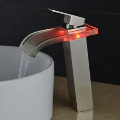 LED Bathroom Sink Mixer Faucet Waterfall Spout 3 Color Temperature, Tall Vessel Taps Single Handle One-hole Monobloc Basin Taps Washroom