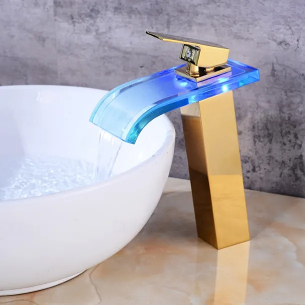 LED Bathroom Sink Mixer Faucet Waterfall Spout 3 Color Temperature, Tall Vessel Taps Single Handle One-hole Monobloc Basin Taps Washroom