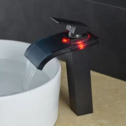LED Bathroom Sink Mixer Faucet Waterfall Spout 3 Color Temperature, Tall Vessel Taps Single Handle One-hole Monobloc Basin Taps Washroom