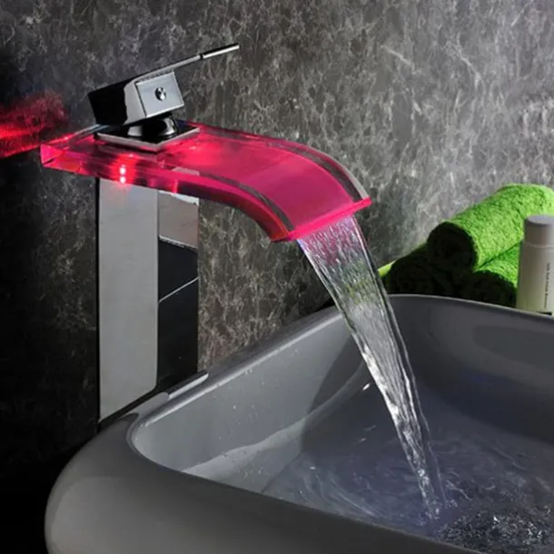 LED Bathroom Sink Mixer Faucet Waterfall Spout 3 Color Temperature, Tall Vessel Taps Single Handle One-hole Monobloc Basin Taps Washroom