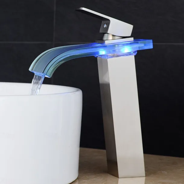 LED Bathroom Sink Mixer Faucet Waterfall Spout 3 Color Temperature, Tall Vessel Taps Single Handle One-hole Monobloc Basin Taps Washroom