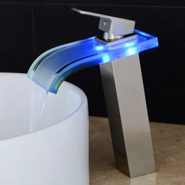 LED Bathroom Sink Mixer Faucet Waterfall Spout 3 Color Temperature, Tall Vessel Taps Single Handle One-hole Monobloc Basin Taps Washroom