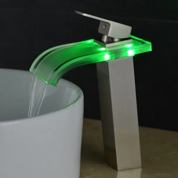 LED Bathroom Sink Mixer Faucet Waterfall Spout 3 Color Temperature, Tall Vessel Taps Single Handle One-hole Monobloc Basin Taps Washroom