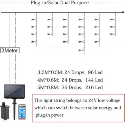 LED Curtain Lights Solar 3x0.5m 4mx0.6m 5x0.8 24V Low Voltage Remote Control Solar Power Plug-in Dual Purpose String Light Thanksgiving Christmas Outdoor Party Garden Decoration Fairy Lights Gypsophila 1 set