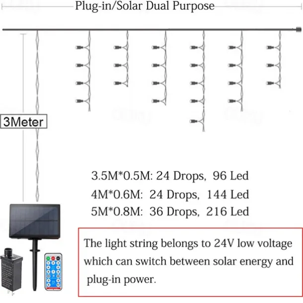 LED Curtain Lights Solar 3x0.5m 4mx0.6m 5x0.8 24V Low Voltage Remote Control Solar Power Plug-in Dual Purpose String Light Thanksgiving Christmas Outdoor Party Garden Decoration Fairy Lights Gypsophila 1 set