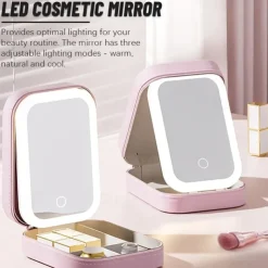 LED Lighted Makeup Mirror with Adjustable Brightness, Portable Vanity Mirror with Built-in Organizer, Travel Cosmetic Case with Jewelry Storage, USB Rechargeable