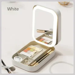LED Lighted Makeup Mirror with Adjustable Brightness, Portable Vanity Mirror with Built-in Organizer, Travel Cosmetic Case with Jewelry Storage, USB Rechargeable