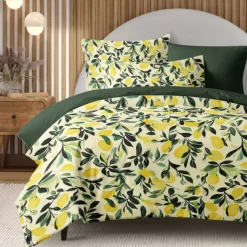 Lemon Vintage Duvet Cover Set 3 Pieces, Botanical Patterns, Soft Microfiber Bedding Set Machine Washable, Available in Queen, King, and Twin Sizes, Comfortable & Stylish