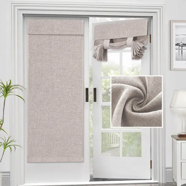 Linen Window Cover French Glass Door Curtain Blackout Tie Up Roman Shades Self Stick Thermal Insulated Tricia Light Block Room Darkening Privacy Blinds, 1 Panel