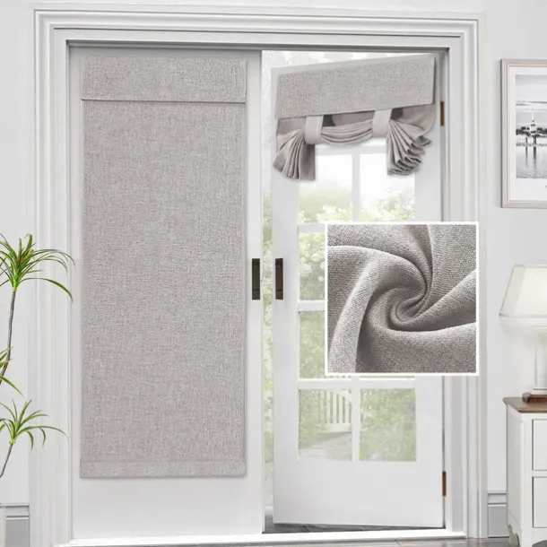 Linen Window Cover French Glass Door Curtain Blackout Tie Up Roman Shades Self Stick Thermal Insulated Tricia Light Block Room Darkening Privacy Blinds, 1 Panel