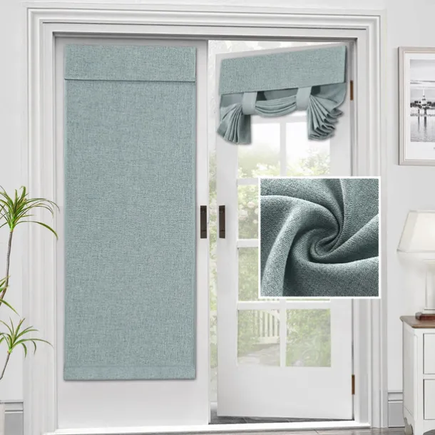 Linen Window Cover French Glass Door Curtain Blackout Tie Up Roman Shades Self Stick Thermal Insulated Tricia Light Block Room Darkening Privacy Blinds, 1 Panel