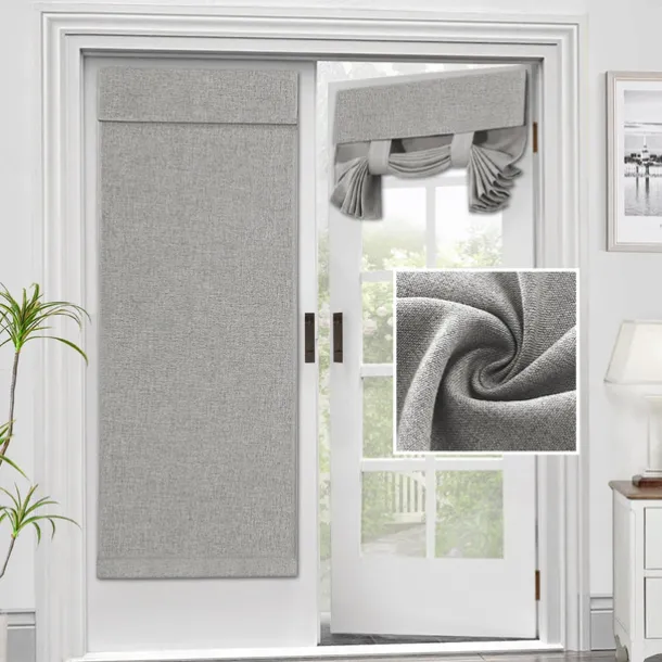 Linen Window Cover French Glass Door Curtain Blackout Tie Up Roman Shades Self Stick Thermal Insulated Tricia Light Block Room Darkening Privacy Blinds, 1 Panel