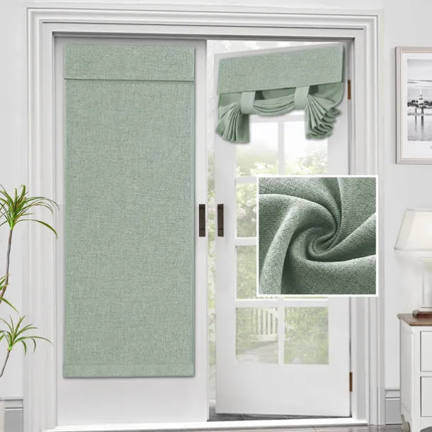 Linen Window Cover French Glass Door Curtain Blackout Tie Up Roman Shades Self Stick Thermal Insulated Tricia Light Block Room Darkening Privacy Blinds, 1 Panel
