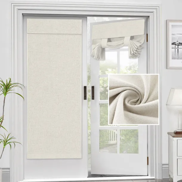Linen Window Cover French Glass Door Curtain Blackout Tie Up Roman Shades Self Stick Thermal Insulated Tricia Light Block Room Darkening Privacy Blinds, 1 Panel