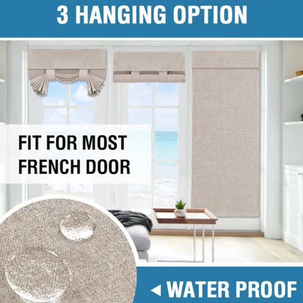 Linen Window Cover French Glass Door Curtain Blackout Tie Up Roman Shades Self Stick Thermal Insulated Tricia Light Block Room Darkening Privacy Blinds, 1 Panel
