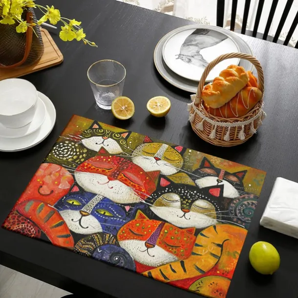 Linens Dining Table Placemats Doodle Art Cat Series Waterproof Oil Proof and Insulated Household Dining Table Mats Heat Resistant Waterproof Oil Proof and Insulated Household Dining Table Mats for Kitchen Coffee Center Table Side Party 1PC