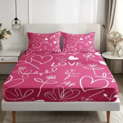 Love Heart Pattern Fitted Sheet Set 100% Cotton Ultra Soft Breathable Silky Bed Sheets Deep Pocket Bedding Sheets 3 Piece Queen King Size