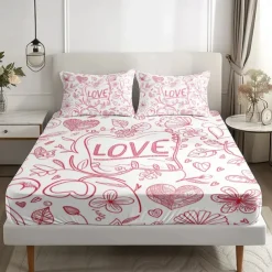 Love Heart Pattern Fitted Sheet Set 100% Cotton Ultra Soft Breathable Silky Bed Sheets Deep Pocket Bedding Sheets 3 Piece Queen King Size