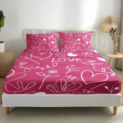 Love Heart Pattern Fitted Sheet Set 100% Cotton Ultra Soft Breathable Silky Bed Sheets Deep Pocket Bedding Sheets 3 Piece Queen King Size