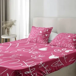 Love Heart Pattern Fitted Sheet Set 100% Cotton Ultra Soft Breathable Silky Bed Sheets Deep Pocket Bedding Sheets 3 Piece Queen King Size