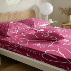 Love Heart Pattern Fitted Sheet Set 100% Cotton Ultra Soft Breathable Silky Bed Sheets Deep Pocket Bedding Sheets 3 Piece Queen King Size
