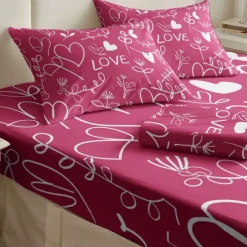 Love Heart Pattern Fitted Sheet Set 100% Cotton Ultra Soft Breathable Silky Bed Sheets Deep Pocket Bedding Sheets 3 Piece Queen King Size