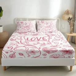 Love Heart Pattern Fitted Sheet Set 100% Cotton Ultra Soft Breathable Silky Bed Sheets Deep Pocket Bedding Sheets 3 Piece Queen King Size