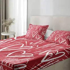 Love Heart Pattern Fitted Sheet Set 100% Cotton Ultra Soft Breathable Silky Bed Sheets Deep Pocket Bedding Sheets 3 Piece Queen King Size