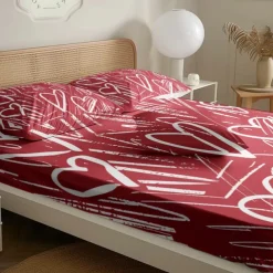 Love Heart Pattern Fitted Sheet Set 100% Cotton Ultra Soft Breathable Silky Bed Sheets Deep Pocket Bedding Sheets 3 Piece Queen King Size