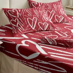 Love Heart Pattern Fitted Sheet Set 100% Cotton Ultra Soft Breathable Silky Bed Sheets Deep Pocket Bedding Sheets 3 Piece Queen King Size