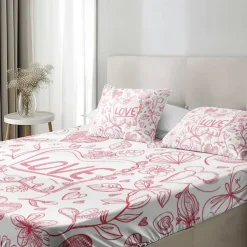 Love Heart Pattern Fitted Sheet Set 100% Cotton Ultra Soft Breathable Silky Bed Sheets Deep Pocket Bedding Sheets 3 Piece Queen King Size