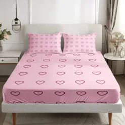 Love Heart Pattern Fitted Sheet Set 100% Cotton Ultra Soft Breathable Silky Bed Sheets Deep Pocket Bedding Sheets 3 Piece Queen King Size