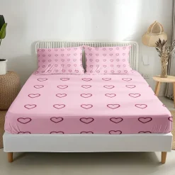 Love Heart Pattern Fitted Sheet Set 100% Cotton Ultra Soft Breathable Silky Bed Sheets Deep Pocket Bedding Sheets 3 Piece Queen King Size