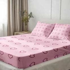 Love Heart Pattern Fitted Sheet Set 100% Cotton Ultra Soft Breathable Silky Bed Sheets Deep Pocket Bedding Sheets 3 Piece Queen King Size