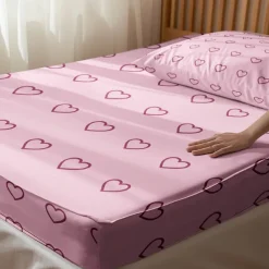 Love Heart Pattern Fitted Sheet Set 100% Cotton Ultra Soft Breathable Silky Bed Sheets Deep Pocket Bedding Sheets 3 Piece Queen King Size