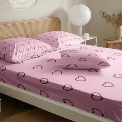 Love Heart Pattern Fitted Sheet Set 100% Cotton Ultra Soft Breathable Silky Bed Sheets Deep Pocket Bedding Sheets 3 Piece Queen King Size