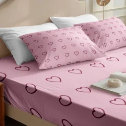 Love Heart Pattern Fitted Sheet Set 100% Cotton Ultra Soft Breathable Silky Bed Sheets Deep Pocket Bedding Sheets 3 Piece Queen King Size