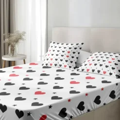 Love Heart Pattern Fitted Sheet Set 100% Cotton Ultra Soft Breathable Silky Bed Sheets Deep Pocket Bedding Sheets 3 Piece Queen King Size