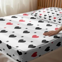 Love Heart Pattern Fitted Sheet Set 100% Cotton Ultra Soft Breathable Silky Bed Sheets Deep Pocket Bedding Sheets 3 Piece Queen King Size