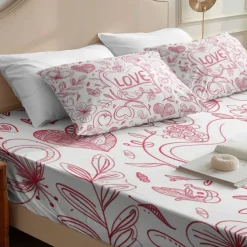 Love Heart Pattern Fitted Sheet Set 100% Cotton Ultra Soft Breathable Silky Bed Sheets Deep Pocket Bedding Sheets 3 Piece Queen King Size