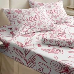 Love Heart Pattern Fitted Sheet Set 100% Cotton Ultra Soft Breathable Silky Bed Sheets Deep Pocket Bedding Sheets 3 Piece Queen King Size