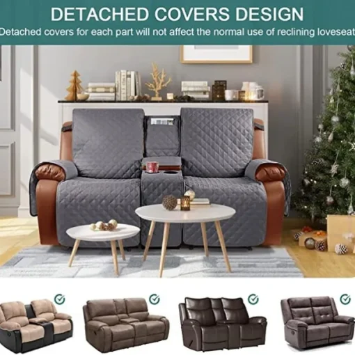 Loveseat Reclining Couch Covers with Console, Non-Slip Pet Cover for Dual Loveseat Recliner with Elastic Straps, Split Reclining Loveseat Cover Recliner Furniture Protector