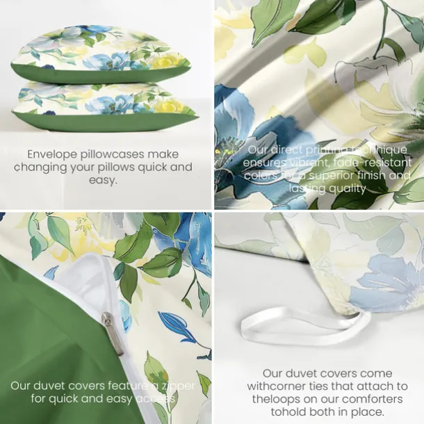 L.T.Home 100% Cotton Sateen Duvet Cover Set Reversible Premium 300 Thread Count Floral Elite Bedding Set