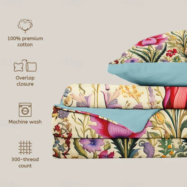 L.T.Home 100% Cotton Sateen Duvet Cover Set Reversible Premium 300 Thread Count Floral Elite Bedding Set Queen King Size