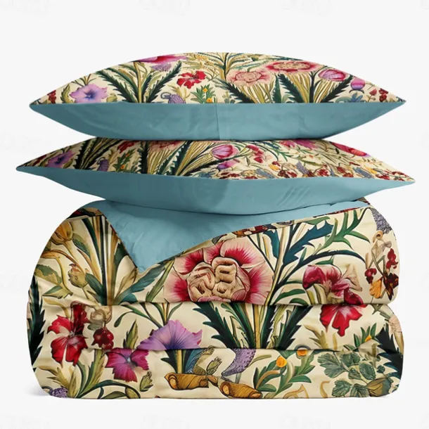 L.T.Home 100% Cotton Sateen Duvet Cover Set Reversible Premium 300 Thread Count Floral Elite Bedding Set Queen King Size