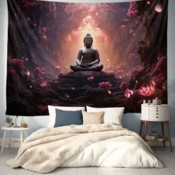 L.T.HOME Buddha Bohemian Hanging Tapestry Wall Art Large Tapestry Mural Decor Photograph Backdrop Blanket Curtain Home Bedroom Living Room Decoration Lotus
