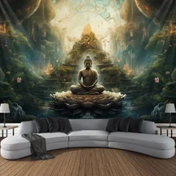 L.T.HOME Buddha Bohemian Hanging Tapestry Wall Art Large Tapestry Mural Decor Photograph Backdrop Blanket Curtain Home Bedroom Living Room Decoration Lotus