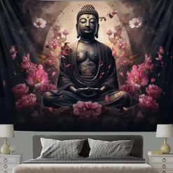L.T.HOME Buddha Bohemian Hanging Tapestry Wall Art Large Tapestry Mural Decor Photograph Backdrop Blanket Curtain Home Bedroom Living Room Decoration Lotus